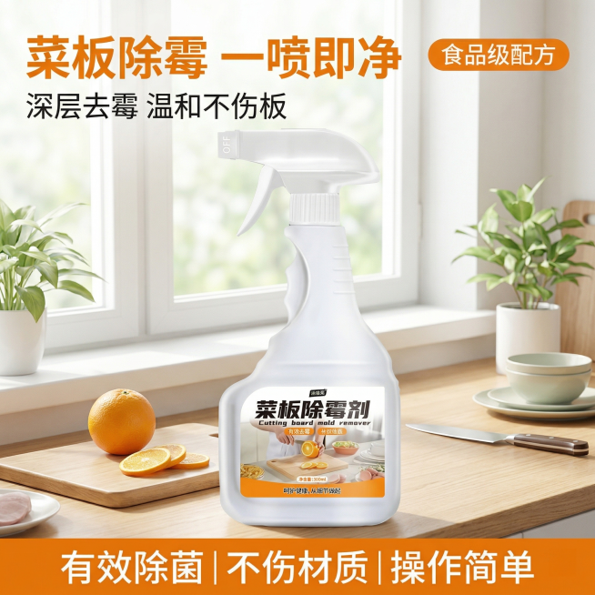 菜板除霉剂厨房清洁首图，明亮洁净家居风格，自然光漫射，整洁清爽感。菜板除霉剂产品居中放置，产品外观与原图完全一致，完整无切割，主体占比60%；背景为阳光充足的整洁厨房台面，台面上摆放木质菜板、新鲜橙子预览效果