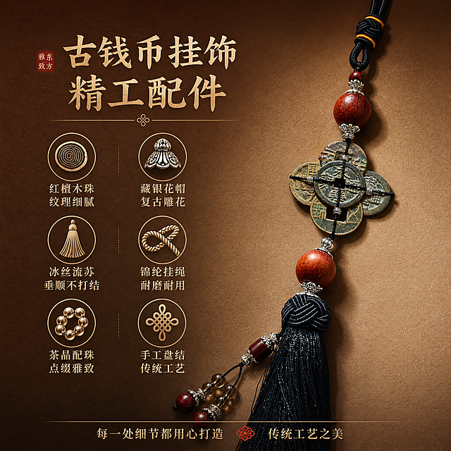 淘宝天猫电商主图，1:1正方形，高级渐变背景（上深棕下浅米棕渐变），背景带细腻纸质感纹理，高级质感风格。画面主体是古钱币挂饰红檀木珠与流苏细节特写，展示木珠纹理、银饰配件和流苏质感，产品原样展示。标题："古钱币挂饰 精工配件"。配6个卖点图标+文字：1. 红檀木图标+"红檀木珠 纹理细腻" 2. 藏银图标+"藏银花帽 复古雕花" 3. 流苏图标+"冰丝流苏 垂顺不打结" 4. 编绳图标+"锦纶挂绳 耐磨耐用" 5. 配珠图标+"茶晶配珠 点缀雅致" 6. 中国结图标+"手工盘结 传统工艺"。底部文字："每一处细节都用心打造 传统工艺之美"。风格统一高级，符合天猫平台规则。