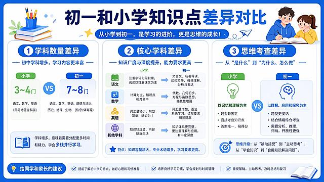 初一与小学在知识点上的差异，主要体现在学科数量、知识深度、思维要求以及考查方式四个维度。初一阶段（七年级）是小学向初中的过渡期，知识量剧增、思维要求从“记忆模仿”向“理解应用”转变，且新增了多门学科。具体差异如下：

一、 学科数量与知识容量差异

小学：以语文、数学、英语3门主科为主，知识点相对零碎，单科知识容量较小，学习节奏较慢，一个知识点通常反复练习。
初一：学科增加至7门（语文、数学、英语、道法、历史、地理、生物），知识容量剧增，单节课涵盖多个知识点，学习节奏加快，知识环环相扣，系统性增强。
二、 核心学科知识点差异
1. 数学：从“具体计算”向“抽象思维”转变

小学：侧重具体数字计算（如整数、小数、分数运算）和简单应用题，偏重记忆和套用公式，题目条件直接，答案唯一。
初一：侧重抽象概念理解（如有理数、代数式、方程、几何初步），要求建立代数思维和逻辑推理，题目条件隐蔽，需多步分析，对计算准确率和书写逻辑要求极高。
2. 语文：从“基础识记”向“深度分析”转变

小学：侧重字词基础识记、文章大意概括、写通顺的记叙文，古诗文以背诵和了解大意为主。
初一：侧重文本深度分析（如分析写作手法、作者情感、语言赏析）、文言文深度阅读（实词虚词理解、句子翻译、情感赏析）和复杂作文（立意深刻、结构清晰、语言生动），对逻辑思维和文学鉴赏能力要求大幅提高。
3. 英语：从“基础认读”向“综合运用”转变

小学：侧重基础词汇认读、简单句型、基础听力与口语，阅读篇幅短，以细节题为主。
初一：词汇量大幅增加（从几百词增至1500词以上），系统语法学习（时态、从句等），阅读篇幅增长，增加长难句和推理题，写作要求从写简单句向写复合句、逻辑清晰的短文转变。
4. 新增学科：从“零基础”向“系统认知”转变

小学：无系统的政史地生学科，仅有简单的常识性了解。
初一：道法、历史、地理、生物等学科均为全新科目，知识点以系统的基础概念和史实为主，需要学生建立学科框架和逻辑记忆。
三、 思维与考查方式差异

小学：考查偏重基础识记和直观理解，成绩差距相对较小，学习模式偏重“记忆+模仿”，依赖老师的反复讲解和督促。
初一：考查偏重理解、分析、归纳和综合应用，成绩分化明显，学习模式偏重“理解+应用+自主归纳”，要求学生具备更强的自主学习能力和知识迁移能力