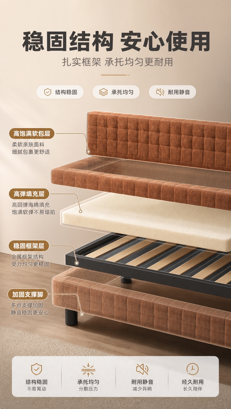 [商品] 使用【图1】棕色方格软包落地围边床；保留整体轮廓、软… - 图片创意预览