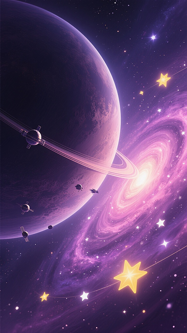 深邃神秘的宇宙星空场景，巨大的行星悬浮在画面左侧，表面有明显的光影明暗对比和环形结构，周围环绕着数颗小型卫星，右侧是螺旋状的星云，呈现出梦幻的紫色与粉色渐变，点缀着无数闪烁的恒星和明亮的星系核心，整体画面采用深邃的紫色与浪漫的粉色为主色调，搭配明亮的黄色恒星光芒和点缀其间的白色星点，营造出神秘而梦幻的宇宙氛围，高清晰度，写实风格，细腻的光影效果，丰富的宇宙元素，层次分明的构图。