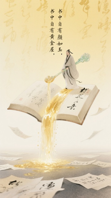 混合细腻彩铅质感的低饱和黄色系渐变背景图。悬浮特写一本摊开的巨大草书书本，一个夫子站在书上拿着巨型玉如意，书上倾泻出黄金（像瀑布一般）。后景是泛黄的草书文字，内容：”书中自有黄金屋，书中自有颜如玉“底预览效果