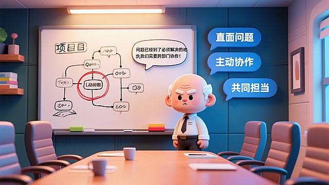 卡通Q版风格，会议室场景，白发秃顶的Q版男性站在白板前，表情严肃且坚定。白板上画着项目流程图，关键卡点被红色圈出，旁边有对话气泡写着“问题已经到了必须解决的地步，我们需要跨部门协作！”，白板旁悬浮三个蓝色标签，分别写着“直面问题”“主动协作”“共同担当”，整体是可爱Q萌的卡通质感，体现领导号召协作的核心转折