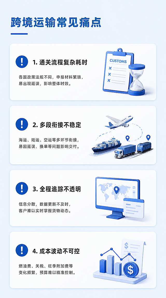 [第2屏] 跨境运输行业痛点分析。主标题："跨境运输常见痛点"，文案分点：1. 通关流程复杂耗时，2. 多段衔接不稳定，3. 全程追踪不透明，4. 成本波动不可控。氛围风格：商务对比风，清晰直观。元素布局：标题左对齐在顶部，每个痛点以卡片形式排列，每个痛点前加感叹号图标，左右留20px安全边距，背景浅蓝#E6F0FA。光影质感：均匀柔和光，文字清晰可读，卡片有细微阴影增加层次感。配色色系：背景#E6F0FA，主色#0057B8，文字#333333。视角构图：竖向排列，左对齐，每个分点间距均匀，留出足够呼吸感。文字版式：标题粗体26px品牌色，正文15px深灰色，每个痛点加粗标题，行间距1.6倍，段间距空一行。比例分辨率：宽度750px，高度1334px，4K分辨率。负向提示词：文字模糊，排版拥挤，水印，颜色偏差。