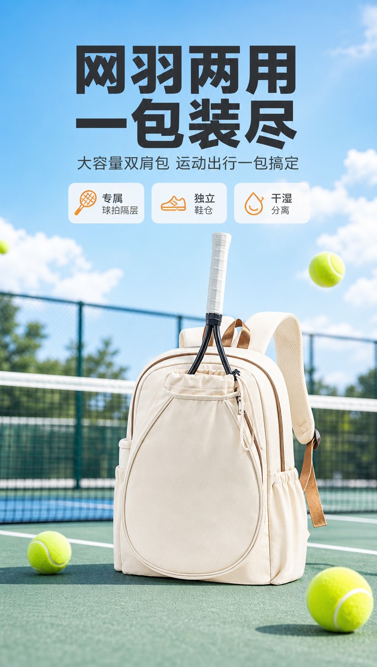 [商品] 使用【图1】米白色羽毛球双肩包；保留整体结构、球拍前… - 图片创意预览