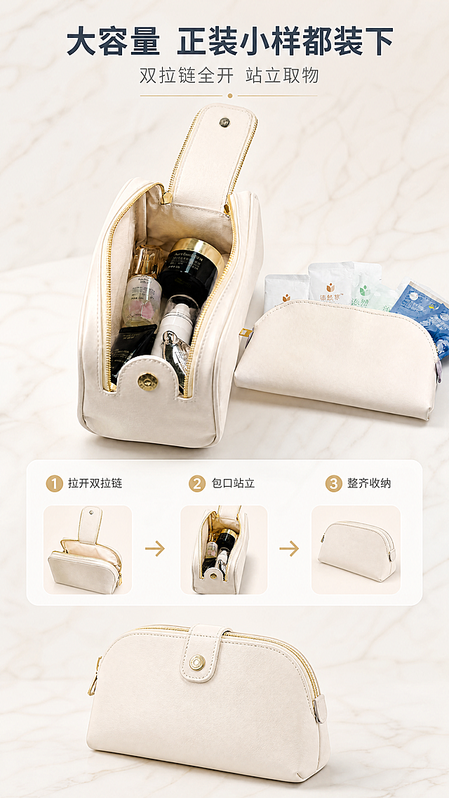 [商品] 使用【图2】米白色大包打开容量图：完整保留包体打开站立形态、双层分区、包内逆优妍与添然萃瓶罐、面霜罐、精华瓶、乳液瓶、小样袋、米白皮质与金色拉链，保留全部瓶罐原貌，只做光影融合。
[画面] 容量演示页，步骤演示型构图：上方展示包体打开站立放入成套护肤品的近景，中间用金色箭头示意"打开 站立 收纳 合上"三步，下方展示包身合上后完整外形；产品占画面70%，俯视到平视过渡，阅读动线自上而下。
[视觉] 套系策略：风格=轻奢摩登商业摄影；标题字=现代无衬线粗体；正文字=简洁无衬线体；主色=奶油白；背景延展=米白到浅燕麦的同色渐变与大理石细腻质感；强调色=香槟金，仅用于细线、圆点与标签；标题色=深灰蓝；正文色=暖灰；组件=圆角浅底信息卡、细金线引线；光影=左前侧柔光棚拍。
[文字] 主标题"大容量 正装小样都装下"；副标题"双拉链全开 站立取物"；底部三个金色编号步骤"1 拉开双拉链""2 包口站立""3 整齐收纳"；全部横排不竖排，无逗号。
[规格] 图片比例9:16竖版，4K，避免变形、错字、文字过小、冷蓝背景、产品颜色改变、水印、平台Logo。