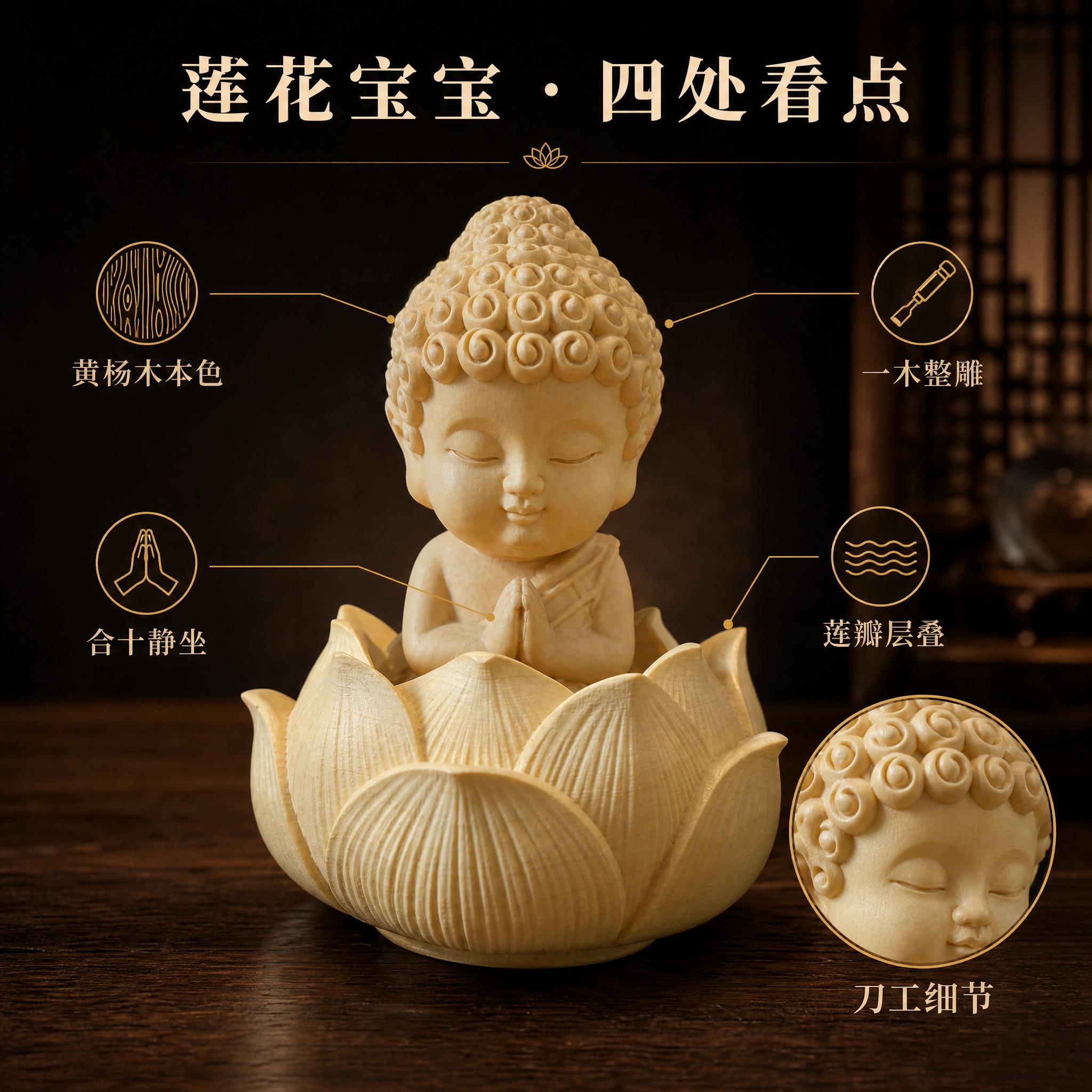 [主图-2] 材质工艺信息图：莲花宝宝佛主视觉加四个图标卖点与… - 图片创意预览