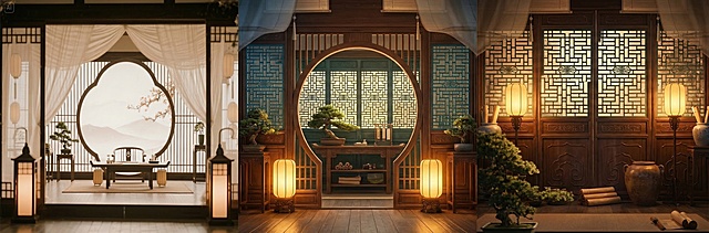 重新生成三张中式古风海报背景，结合参考图片的风格：新中式素雅禅意空间，带有木质花窗、纱幔、灯笼和古典家具，暖调光影；古风影视剧海报背景，带有传统中式花格窗景，整体风格大气沉稳，适合做人物海报背景；保持相似的中式国风质感，调整画面构图和细节