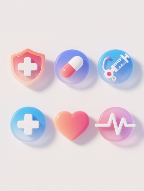 6个不同配色、不同样式的医疗元素图标，采用3D立体风格，具有光滑圆润的边缘和细腻的渐变色彩，高光和阴影处理柔和自然，呈现出轻微的塑料质感，每个图标包含如盾牌、十字、药丸、听诊器、注射器、心电图等医疗相预览效果