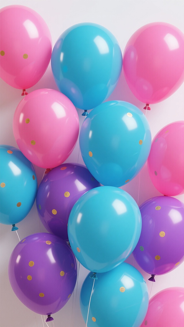 白色背景上，一组紧密排列的彩色气球，主体气球为明亮的粉色、清新的蓝色和纯净的紫色，气球表面光滑有光泽，带有明显的高光和自然阴影，其中几个气球点缀着金色的小圆点装饰，整体呈现出喜庆、活泼的氛围，立体感强，色彩鲜艳和谐，无任何文字和二维码。