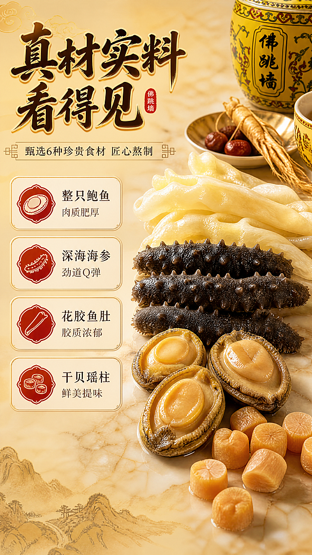 [商品] 使用【图1】中的真空包装食材部分；保留鲍鱼、海参、花胶等食材的形态、颜色、数量和真空包装质感；商品处理：去除泡沫盒和截图UI，将食材从包装中取出展示，突出食材本身的新鲜度和质感，保留食材真实形态不虚构。
[画面] 目标：真材实料成分展示页，让消费者直观看到佛跳墙的核心食材。构图：左文右图，左侧文字信息区占40%，右侧食材展示区占60%。主体位置：多种食材平铺或堆叠在右侧。主体占比：食材整体占画面55%。景别：特写+中景结合。阅读动线：从左到右。前中后景：前景为鲍鱼特写，颗粒饱满有光泽；中景为海参、花胶、干贝等食材；后景为暖黄色大理石台面，点缀中式餐具和滋补药材。场景：高端厨房料理台，干净明亮，突出食材的新鲜和品质。
[视觉] 套系策略：风格=高端中式滋补商业摄影，国潮轻奢风；标题字=中式书法粗体，厚重有力；正文字=现代宋体，端庄雅致；主色=帝王黄+暖金色；背景延展=基于暖金色做深浅渐变，搭配中式祥云暗纹和水墨晕染质感；强调色=朱红色，仅用于小面积标签、印章图标和引线；标题色=深棕色+金色描边；正文色=深褐色；组件=圆角金边信息卡、中式回纹边框、印章式标签；光影=左前侧暖金色柔光，食材表面有自然高光，新鲜诱人。
[文字] 主标题："真材实料 看得见"，副标题："甄选6种珍贵食材 匠心熬制"，4个食材卖点："整只鲍鱼 肉质肥厚"、"深海海参 劲道Q弹"、"花胶鱼肚 胶质浓郁"、"干贝瑶柱 鲜美提味"；文字区位于左侧，竖排分布4个卖点，每个配小图标；所有文字横排，字号满足手机端清晰可读。
[规格] 图片比例9:16竖版，4K，避免变形、错字、文字过小、冷蓝灰色调、食材形态失真、出现UI界面元素。