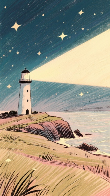 灯塔 · 引航
视觉：远处简洁的灯塔轮廓，光束穿过版面，与之前的星光交融。色调回归深邃宁静。
温馨手绘风格。预览效果