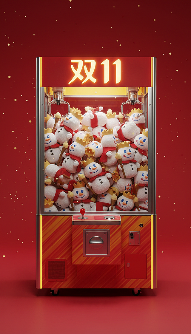 软3D风格抓娃娃机，满载可爱雪人玩偶，霓虹“双11”字样闪耀，红金配色营造喜庆促销氛围，卡通感十足。