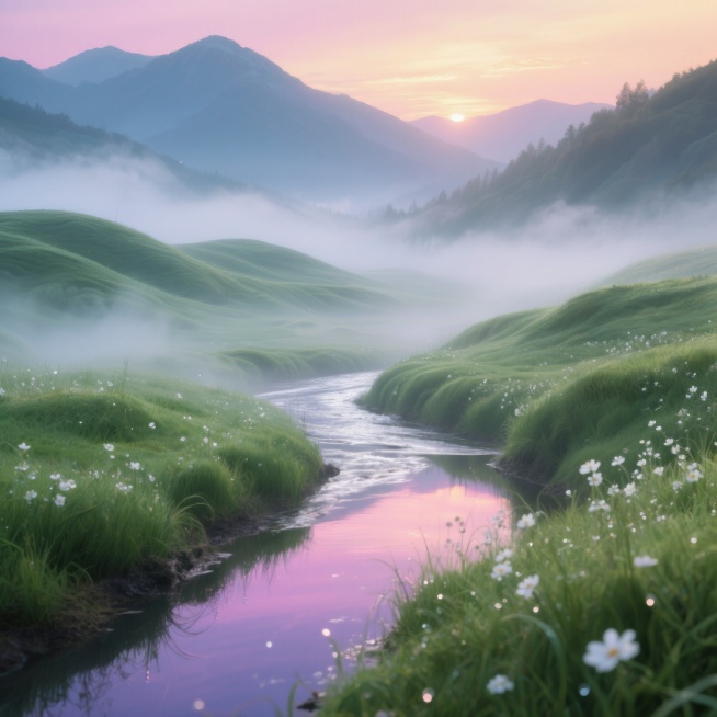 全景镜头，在被晨雾温柔笼罩的隐秘山谷中，翡翠色的草甸如波浪般起伏延伸，轻薄的乳白色雾气在草叶间流动缠绕，仿佛大地正在缓缓呼吸。一条银色溪流如时间的脉络蜿蜒穿行其间，水面倒映着紫粉色渐变的朝霞与靛青色的远山轮廓，形成虚实交织的双重梦境。两岸点缀着无数露珠闪烁的白色小花，每一朵都像是被晨雾吻过的星辰。远处山峦在玫瑰金色的晨光中若隐若现，空气中弥漫着湿润的草木清香与泥土芬芳。光线柔和得如同被丝绸过滤……预览效果
