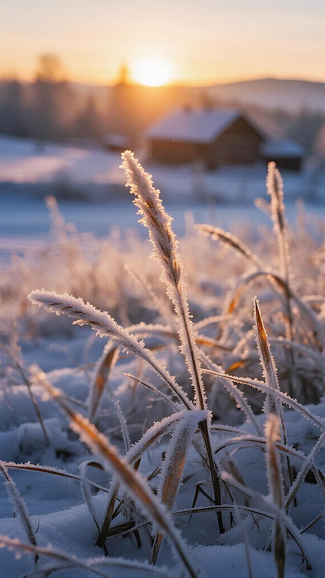 日落时分的冬日雪野，前景是覆盖着晶莹霜花的细长草叶，阳光从地平线斜射，为霜花镀上温暖金边，背景是朦胧的远山与被雪覆盖的农舍，天空呈现橙黄渐变至淡紫的柔和暮色，整体氛围宁静而诗意，采用写实摄影风格，强调微距细节与逆光质感，景深控制突出前景草叶，背景虚化营造空间感，色彩和谐统一，冷暖对比鲜明，画面构图遵循三分法，视觉焦点自然落在霜花与夕阳交汇处。