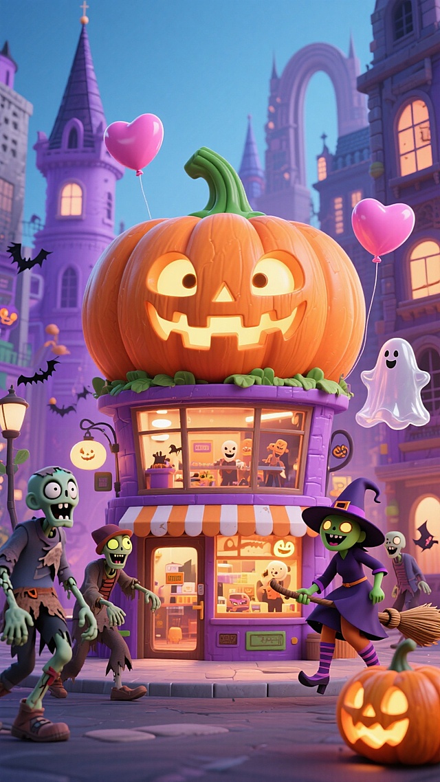 软3D风卡通场景，拟人化南瓜商店点亮万圣夜，鬼魂与僵尸欢庆游行，梦幻灯光与粉色气球交织，趣味十足的节日氛围。