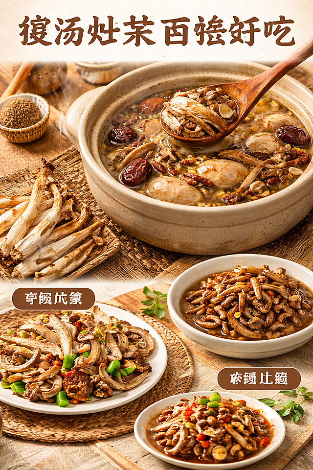 [第5屏] 烹饪吃法场景展示，展示泡发后茶树菇多样吃法。本屏使用【图1】干茶树菇，同时展示泡发后成品菜品，延续全局底色和字体规范。[氛围/风格] 温馨家常烟火气，诱人食欲，真实烹饪场景。[元素布局] 采用上下分栏，上半部分展示砂煲鸡汤中放入茶树菇的成品场景，下半部分展示干茶树菇泡发后的状态，左侧放入原图干茶树菇作为对比，占比30%。场景中有砂锅、汤勺、餐桌作为环境元素，三层层次分明。[光影质感] 暖调室内光，蒸汽感营造食欲氛围，成品菜品光影诱人，干品部分保持真实质感。[配色色系] 延续#F5F0E6浅米棕底色，辅助暖黄色调增加食欲，文字保持深棕色。[视角构图] 竖版上下分屏，从上到下阅读动线清晰，场景饱满不拥挤。[文字版式] 顶部居中标题「煲汤炒菜 百搭好吃」，下半部分左右标注「干品泡发」和「成品上桌」，文字简短清晰，不遮挡菜品主体。保持圆角深棕色黑体纯色填充。[比例分辨率] 9:16竖版，4K分辨率。[负向提示词] 菜品模糊，茶树菇变形，颜色怪异，文字错乱。