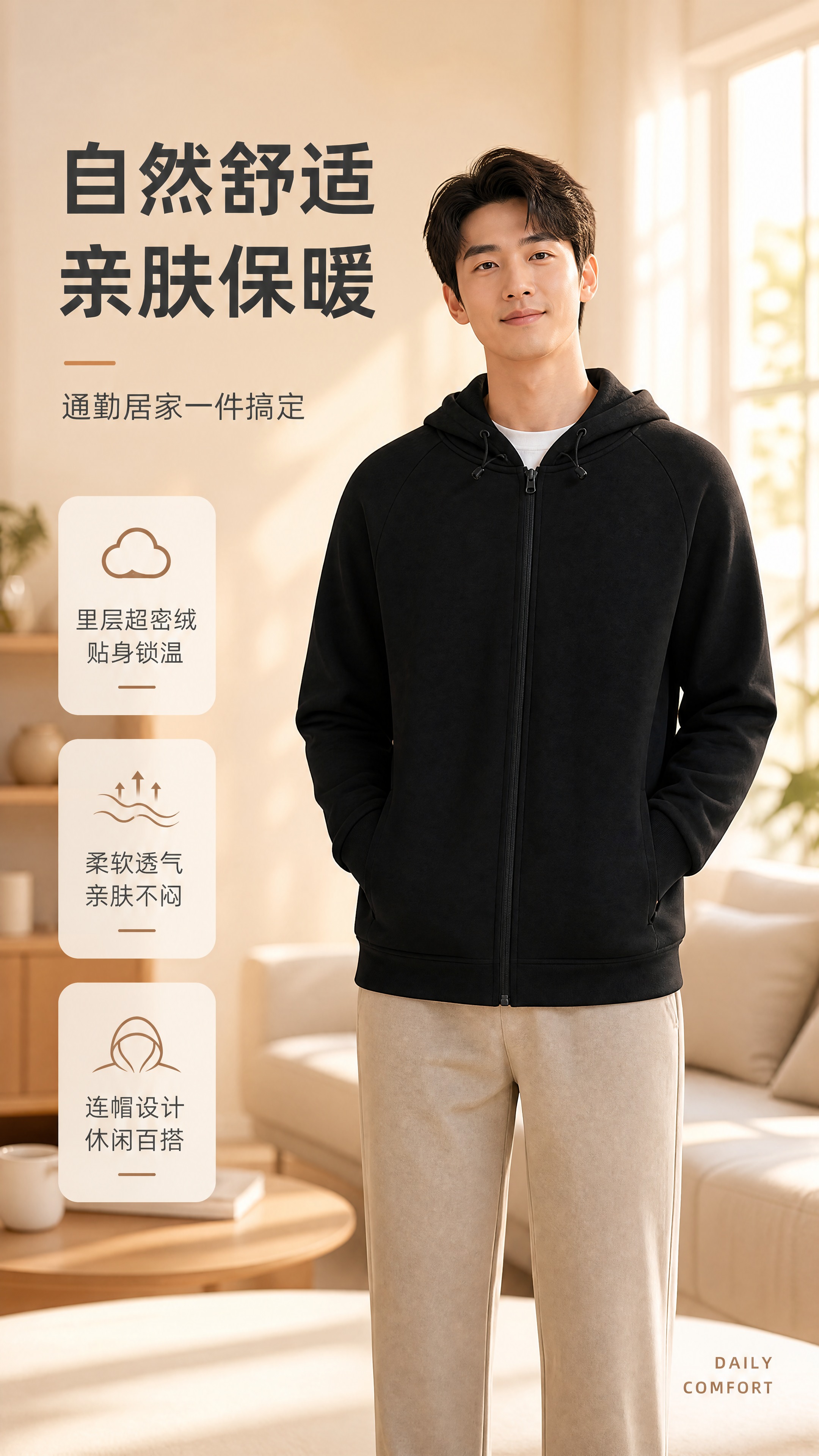 [商品] 使用【图1】黑色超密绒连帽长袖男开衫；商品处理：保留… - 图片创意预览