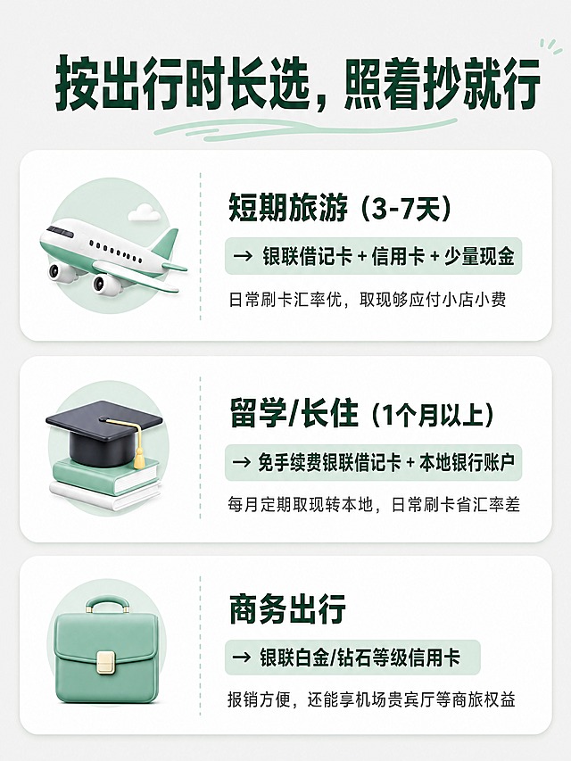 抖音图文第五页，个人旅行博主分享风格，主色调薄荷绿+奶白暖调，版式精美。背景：浅灰色纯色底，干净简约。顶部标题：「按出行时长选，照着抄就行」，深绿色扁平粗黑体，位于画面上方居中。布局：三个白色圆角卡片纵向排列，每个卡片左侧配人群图标，右侧写推荐方案。第一个卡片：左侧飞机图标✈️代表短期旅游，右侧标题「短期旅游（3-7天）」，下方推荐「→ 银联借记卡 + 信用卡 + 少量现金」，再下方小字「日常刷卡汇率优，取现够应付小店小费」。第二个卡片：左侧毕业帽图标🎓代表留学长住，右侧标题「留学/长住（1个月以上）」，下方推荐「→ 免手续费银联借记卡 + 本地银行账户」，再下方小字「每月定期取现转本地，日常刷卡省汇率差」。第三个卡片：左侧公文包图标💼代表商务出行，右侧标题「商务出行」，下方推荐「→ 银联白金/钻石等级信用卡」，再下方小字「报销方便，还能享机场贵宾厅等商旅权益」。无实体卡展示，用图标和文字表达。整体氛围：场景化方案感，清晰易读，薄荷绿点缀。画质：高清细腻，信息层级清晰，文字完整处于安全区内不可裁切。画面比例3:4，4K。