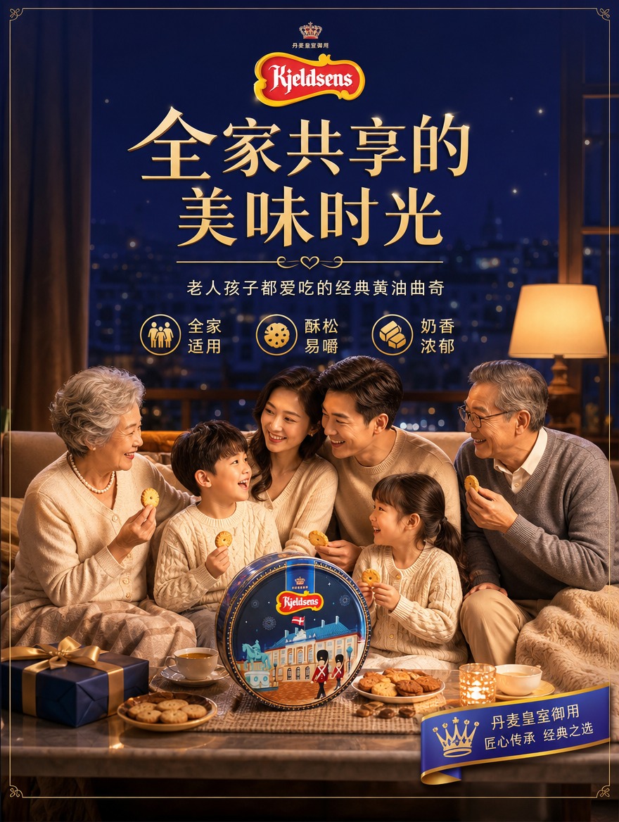 丹麦蓝罐曲奇家庭人群页，温馨家居客厅场景，一家人围坐茶几分享曲… - 图片创意预览