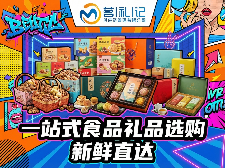 食品礼品商城宣传海报，画面顶部放置“茗礼记”品牌Logo，中间展示包装精致、种类丰富的零食礼盒、坚果大礼包、特色糕点等食品礼品，色彩明快活泼，搭配潮酷的年轻风格装饰元素，底部突出“一站式食品礼品选购”预览效果