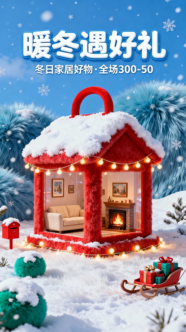 主体为红色灯笼造型小屋（屋顶积雪、红色提手，内部设米色沙发、燃火壁炉、装饰画，外围环绕暖黄串灯）；场景是飘雪的雪地，分布带雪绿松、红色信箱、载满礼物的雪橇；上方3D白色卡通字体设计的主副标题组合“暖冬遇好礼 ”+“冬日家居好物·全场300-50”，蓝色背景。