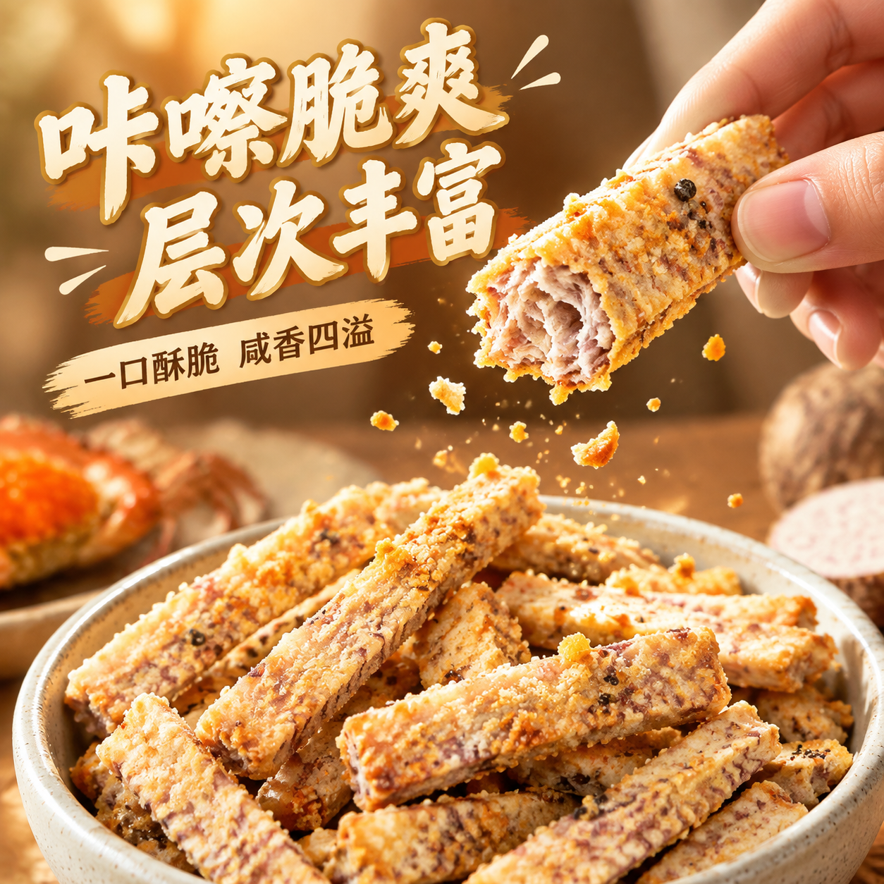 [主图-3] 口感卖点 咔嚓脆爽 层次丰富 酥脆掉渣动态展示… - 图片创意预览