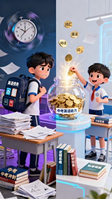 画面以清晰中轴线分隔为左右两部分，左侧：一名初中生卡通形象，表情压力巨大，背着一个标有“英语债务”的沉重背包，上有单词本和语法书图标。他的书桌杂乱堆满“中考冲刺”试卷，而数学、物理课本被挤到角落。上方预览效果