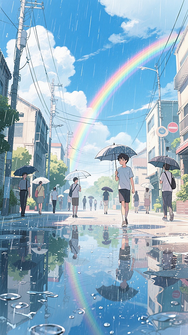 夏日午后，雨后场景，蓝天白云，有一道美丽的彩虹，街上有零星人群撑着伞，地面还有一点积水