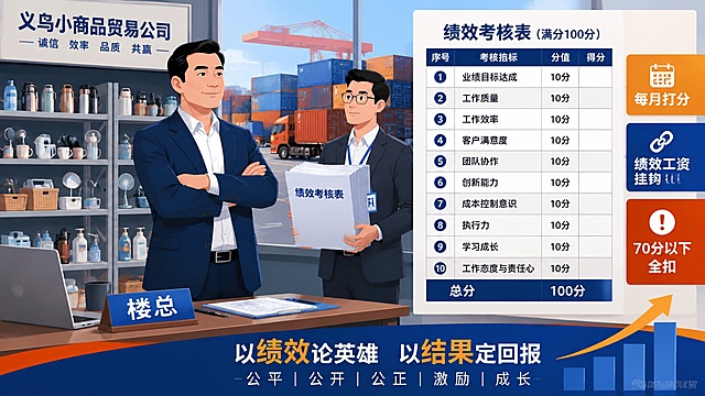 微信公众号文章插图，扁平商务插画风格。画面主体：一位中年男性老板（楼总）站在义乌小商品贸易公司的办公室里，背景是堆满日用百货样品的货架和集装箱出口元素，旁边有一位HR拿着厚厚的绩效考核表格。画面右侧展示一张绩效考核表，上面有十个指标项、每个十分、满分一百分的打分表格，旁边标注"每月打分""绩效工资挂钩""70分以下全扣"等字样。整体色调专业商务，蓝橙配色，画面清晰有层次感，适合公众号头图使用。