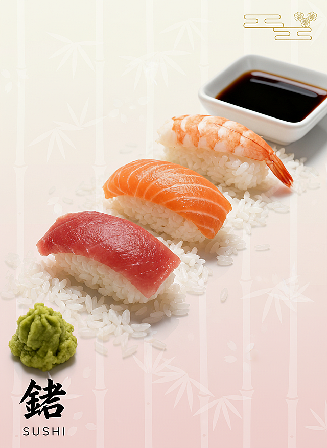 保持寿司主体。生成1张商品营销海报，发挥你的创意，图片比例1：1