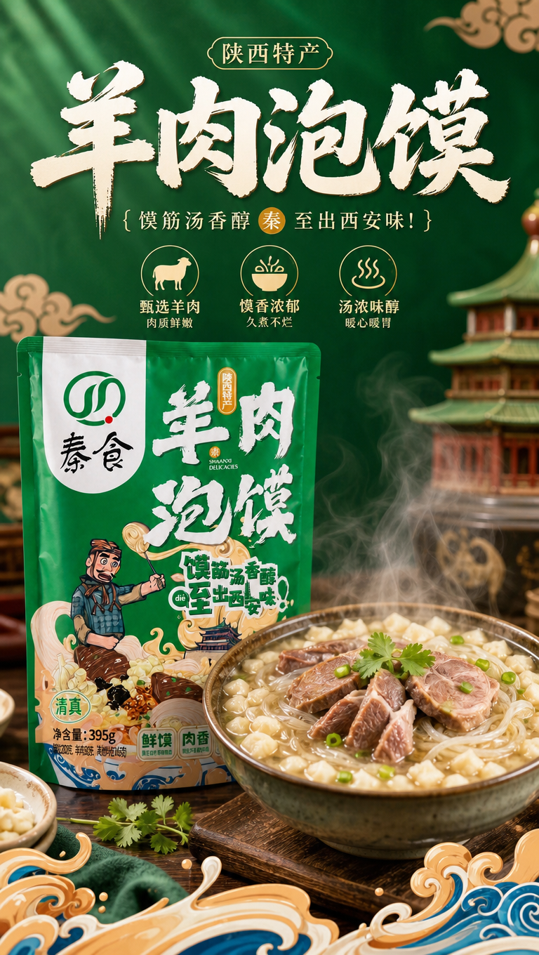 羊肉泡馍详情页头图，9:16竖版。绿色包装袋放在一碗羊肉泡馍旁… - 图片创意预览