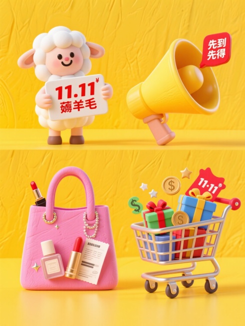 一套4个规整排布的双11促销素材，上下两行，排列整齐。元素分别是：第一个拟人化的白色小羊（双手拿着一个“11.11 薅羊毛”牌子）；第二个是黄色喇叭（旁边有“先到先得”字样广告语）；第三个是粉色购物袋预览效果