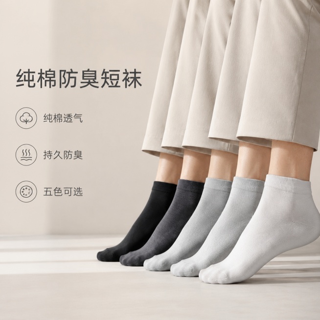 [单张主图] 男士纯棉防臭短袜电商主图，选择高级氛围感主图路线，展示自然上脚穿搭效果。
[参考比对] 参考第一张上脚实拍图，提取自然松弛的穿搭风格，简约高级背景，保留产品材质和真实穿着效果。
[画面主预览效果