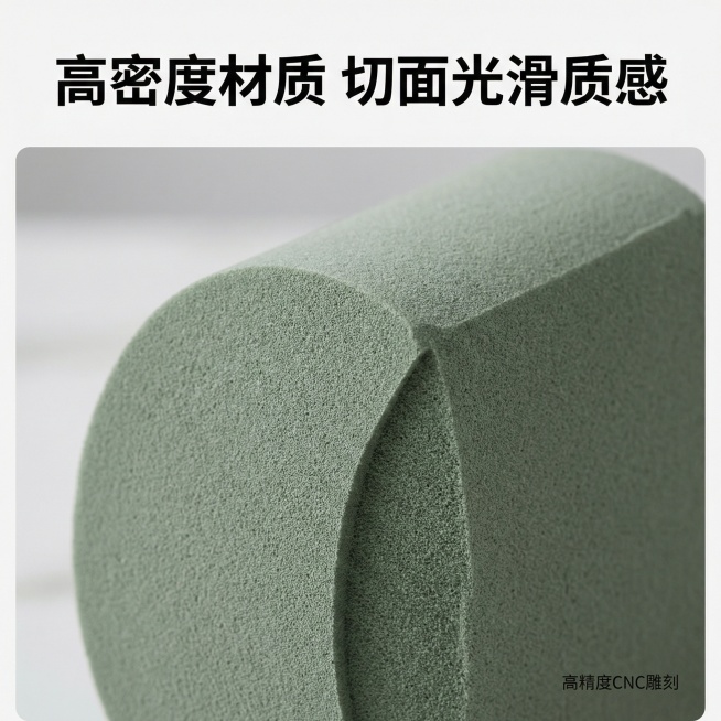 [主图 3] [主图主题] 圆柱形花泥细节材质展示
[氛围/风格] 微距特写专业质感，干净明亮突出纹理
[画面元素] 特写放大花泥切面和边缘，展示高密度材质纹理与光滑切面，保留产品本身绿色，背景为浅纯预览效果