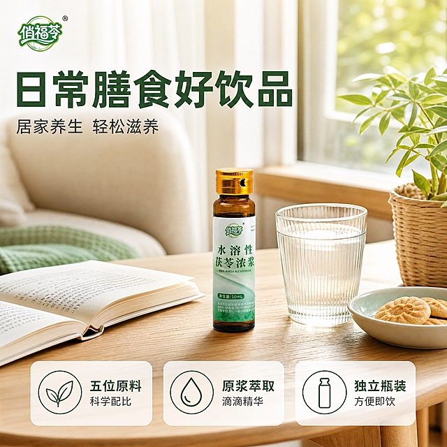 [主图-6] 居家养生场景，日常饮用生活方式展示。
[统一基调] 整体风格为清新自然草本风，背景主色为浅木色桌面搭配柔和自然光，标题字色为深绿色，辅助字色为深灰色，强调色为翠绿色，字体样式为清爽无衬线黑体，字号层级分明，卡片样式为圆角半透明白底，图标为简约线性图标。
[画面] 温馨居家客厅茶几场景，浅木色茶几上摆放一瓶俏福苓水溶性茯苓浓浆小玻璃瓶（金色瓶盖，透明液体，小巧精致），旁边有一本打开的书、一小碟点心、一杯温水，背景是居家放松的居家养生氛围。窗外有柔和的自然光，窗帘半拉着，营造舒适温暖。产品占画面约35%，视角为略微俯视的45度角。左上角放置俏福苓品牌Logo。
[光影质感] 温暖柔和的自然光，从侧面照入，产品有自然高光和柔和阴影，整体氛围温馨舒适，有生活气息。
[配色] 主色调为浅木色、米白色、浅绿色、暖黄色，温馨居家。
[文字版式] 画面左上方主标题大字："日常膳食好饮品"，深绿色粗黑体；副标题小字："居家养生 轻松滋养"，深灰色细黑体。画面下方三个圆角半透明白底卖点卡片横向排列："五位原料科学配比"、"原浆萃取滴滴精华"、"独立瓶装方便即饮"。文字清晰不遮挡主体。
[输出要求] 比例1:1，文字清晰可读，产品清晰完整，场景自然有生活感，无变形，无错字，无模糊，无水印，无平台Logo。禁止液体有颜色，禁止瓶子过大。