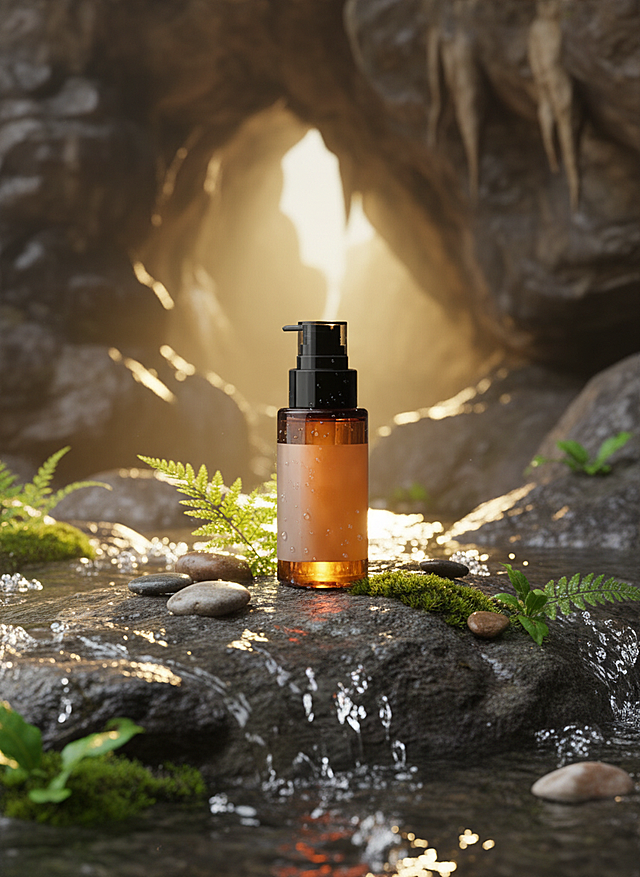 主体置于湿润的岩石上，周围环绕流水、光滑石子与翠绿枝叶，背景有岩石形成的天然洞穴，暖黄色光线从洞穴外洒入