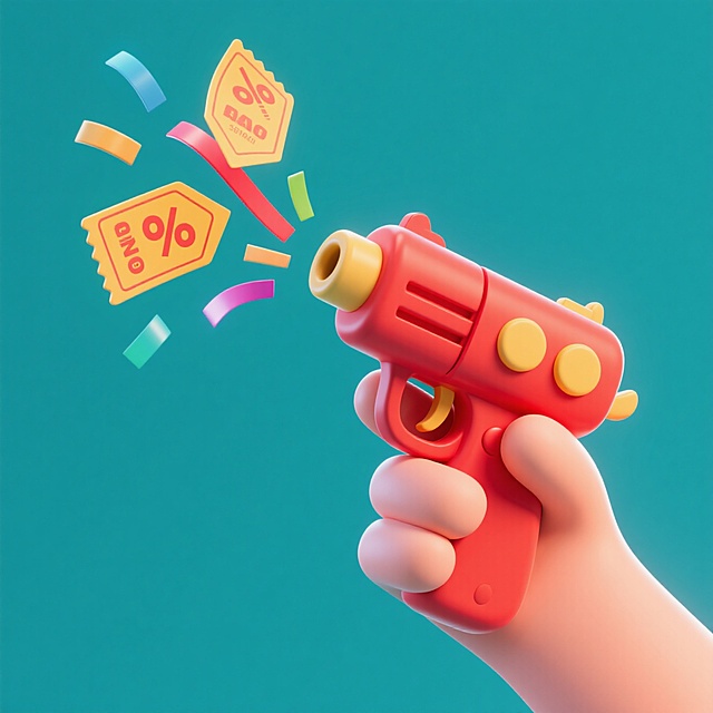 一只手，拿着红色的枪，枪口喷出优惠券，彩带，放射状，撞色