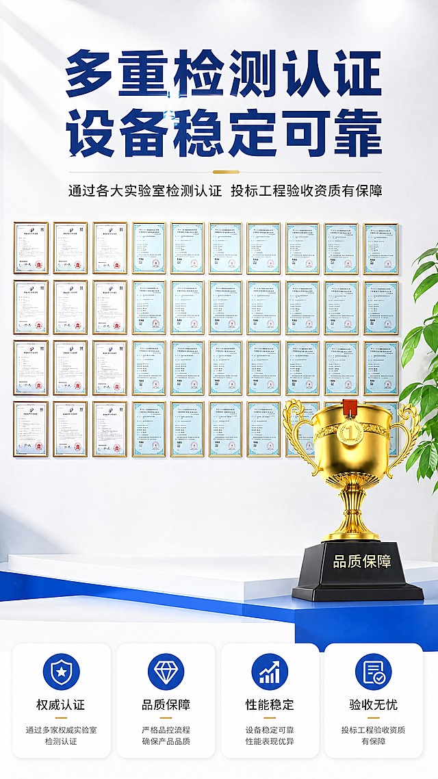 [商品] 使用【图1】资质认证墙与金色奖杯元素；保留证书墙排列结构、金色奖杯造型、奖杯底座"品质保障"文字、证书边框与整体布局；清晰化证书细节，增强奖杯金属质感与光影层次，不改变奖杯和证书的结构比例。
[画面] 页面目标为京东详情页首屏资质实力展示，9:16竖版，上下构图。上方1/3为标题文案区，中部为证书墙主体展示，右下角放置金色奖杯作为品质象征，底部留白放核心卖点图标区。证书墙占画面约55%，奖杯占画面约20%，整体阅读动线从上至下。前景为奖杯与展示台，中景为证书墙，后景为简洁白色墙面与柔和光影，右侧点缀绿植增加生机。
[视觉] 套系策略：风格=京东专业商务风，3D渲染质感；标题字=粗黑体，厚重有力；正文字=思源黑体，清晰易读；主色=科技蓝(#1E5BC6)；背景延展=从浅灰白到纯白的渐变墙面，搭配蓝色几何展台与层次光影；强调色=金色(#D4A84B)，仅用于奖杯、重点数据标签和装饰线条；标题色=深蓝(#0F3D8A)；正文色=深灰(#333333)；组件=圆角信息卡片、细蓝线引线、蓝色渐变按钮；光影=左前侧柔和白光，奖杯有明显高光反射，证书墙均匀受光无反光。
[文字] 顶部大标题"多重检测认证 设备稳定可靠"，副标题"通过各大实验室检测认证 投标工程验收资质有保障"。下方配4个核心卖点图标+短文案：① 权威认证 ② 品质保障 ③ 性能稳定 ④ 验收无忧。所有文字横向排版，标题字号大且醒目，正文字号保证手机端清晰可读，文字区不遮挡奖杯主体和证书墙核心区域。
[规格] 图片比例9:16竖版，4K分辨率，京东详情页风格，避免变形、错字、文字过小、模糊、证书内容错乱、奖杯颜色失真、出现京东Logo或平台水印、绝对化宣传用语。