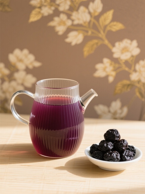 透明玻璃冷水壶装满深紫红色酸梅汤，壶身有竖条纹设计，银色金属壶嘴和把手，旁边白色小瓷碗盛放着乌黑饱满的干乌梅，置于浅色竹纹桌面上，背景是带有淡雅金色花卉图案的浅棕色墙纸，柔和自然光从左上方照射，形成清晰的光影层次，酸梅汤表面有细微光泽，整体呈现温馨、传统、清爽的饮品静物摄影风格，突出酸梅汤的醇厚色泽与原料质感。预览效果
