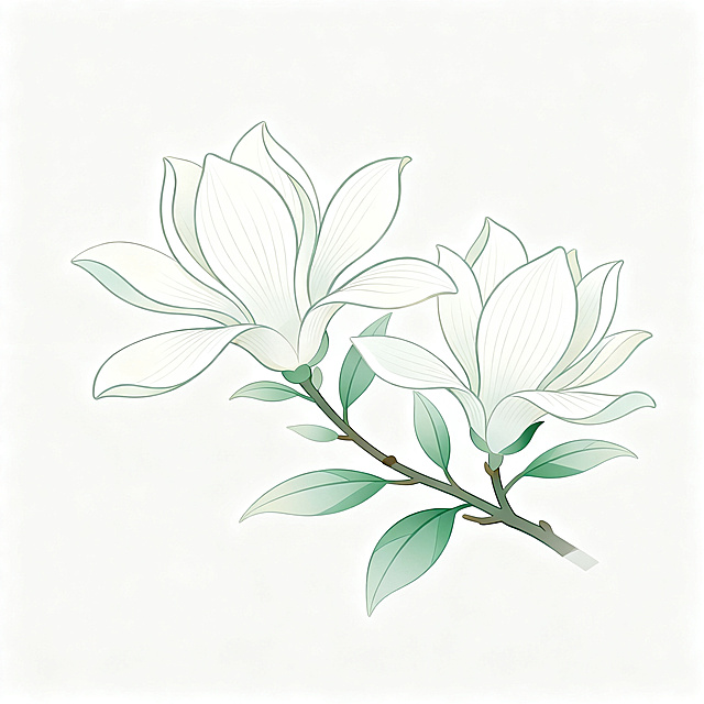 白兰花图标插画，体现东方大气、雅致、克制的审美，手绘扁平插画风，花瓣细长舒展，层次简洁，轮廓利落，白色花瓣带有柔和细腻纹理，搭配淡雅清绿色枝叶，整体低饱和配色，画面大量干净留白，纯色背景，画面简约高级，具有国风审美与现代设计感，中心构图，适合品牌图标与视觉标识，高清、精致、无装饰杂物、非卡通风
