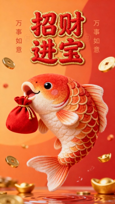 一条极其可爱好运锦鲤，微笑着向观者游来。它嘴里叼着一个红色福袋。背景是温暖的橙色和红色渐变，漂浮着金币和小元宝。造型圆润，传统锦鲤风格，超级细节，4K画。上方是红色的“招财进宝”二字，采用圆润可爱的字预览效果