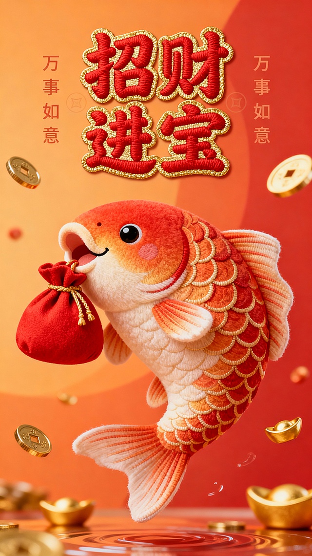 国潮风刺绣质感金鱼衔红包，重拟物浮雕设计，搭配喜庆红金配色，卡通可爱形象传递招财进宝节日祝福。