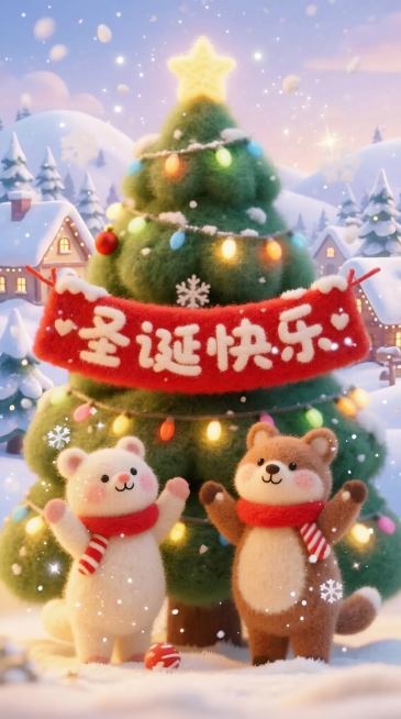 暖黄色柔和背景，前景有一棵挂着彩灯的圣诞树，两只可爱的小动物举着红色的“圣诞快乐”横幅，横幅文字是圆润可爱的字体，像毛茸茸的糖霜做的，周围有飘落的雪花、温暖的灯光和小星星，整体氛围治愈、幸福、温馨，3预览效果