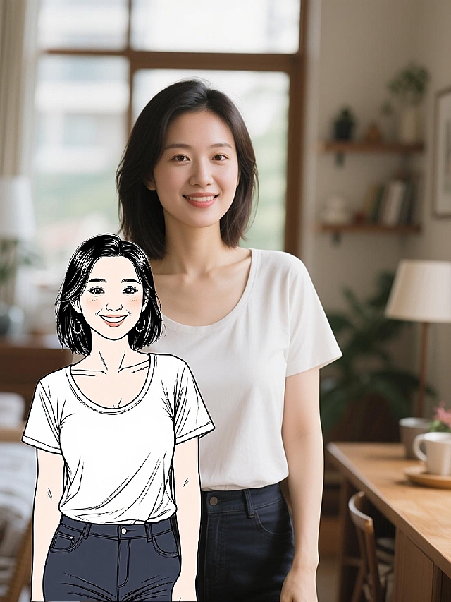 图片中的人物变成漫画线条插画风格，背景白底，完整人物。