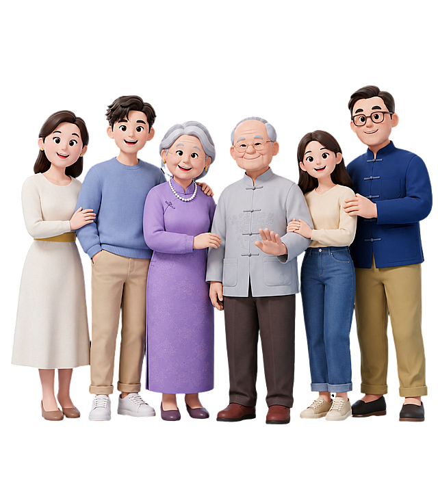 把图中的两个青年男女移动到长辈两侧，去掉妈妈手中的粉色玩具熊，保持整体3D卡通风格一致，人物比例协调