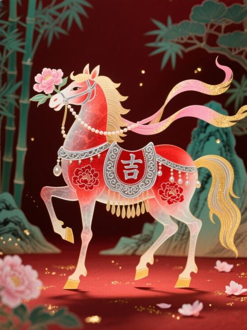 皮影艺术（半透明，），主体是绯红仙马（马身饰银色 “吉” 字与绯红牡丹纹样，鞍具绣银线云纹，毛发通透带珠光），呈昂首衔牡丹、前蹄微扬姿态。周身环绕粉金渐变华丽飘带，飘带缠绕珍珠流苏，灵动飘逸。背景为深预览效果