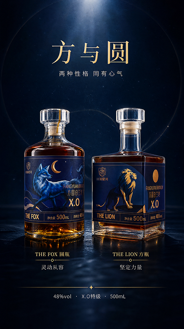 [商品] 使用【图1】赫澜星河白兰地方瓶作为基础，画面中并置两瓶：一瓶方形一瓶圆形，均为深蓝标签琥珀色酒液；方瓶带狮子图案，圆瓶带狐狸图案；两瓶标签均带X.O标识，酒精度48%vol；保持瓶身材质、颜色、质感与原图一致。
[画面] 方圆底图。一瓶方形深蓝酒瓶和一瓶圆形深蓝酒瓶并置在画面中央，两瓶各占约30%画面；深蓝背景，月光从上方洒落，在瓶身形成精致高光；对称构图，大量留白；两瓶静静相对，有方圆之道的哲学意味；背景有极淡的星点和光晕；电影感，竖版构图。阅读动线：顶部标题 → 中部双瓶对称展示 → 底部双款解析。
[视觉] 套系策略：风格=深蓝星空电影感，克制高级，大面积留白；标题字=优雅衬线体，字间距宽松；正文字=简洁细黑体；主色=深蓝 #0A1628；背景延展=深蓝渐变背景，月光光晕，星点点缀；强调色=暖金 #C9A962，仅用于标题、瓶身高光、X.O标识；标题色=暖金色；正文色=银白色；组件=极简细线分隔、金色小图标；光影=月光顶光，两瓶对称打光，瓶身玻璃高光精致，酒液通透。
[文字] 顶部标题居中：主标题「方与圆」，暖金色大号衬线字体，字间距宽松；副标题「两种性格 同有心气」，银白色小字，位于主标题下方；左瓶下方配文「THE FOX 圆瓶」「灵动从容」，金色小字；右瓶下方配文「THE LION 方瓶」「坚定力量」，金色小字；底部中间金色细线分隔，下方标注「48%vol · X.O特级 · 500mL」，银白色小字；文字不遮挡瓶身主体，所有文字横向排版。
[规格] 9:16竖版比例，4K分辨率，文字清晰可辨，高清画质。负向：瓶身变形，颜色偏差，水印，文字错乱，产品图模糊，人物，标签错误，位置颠倒，竖排文字。