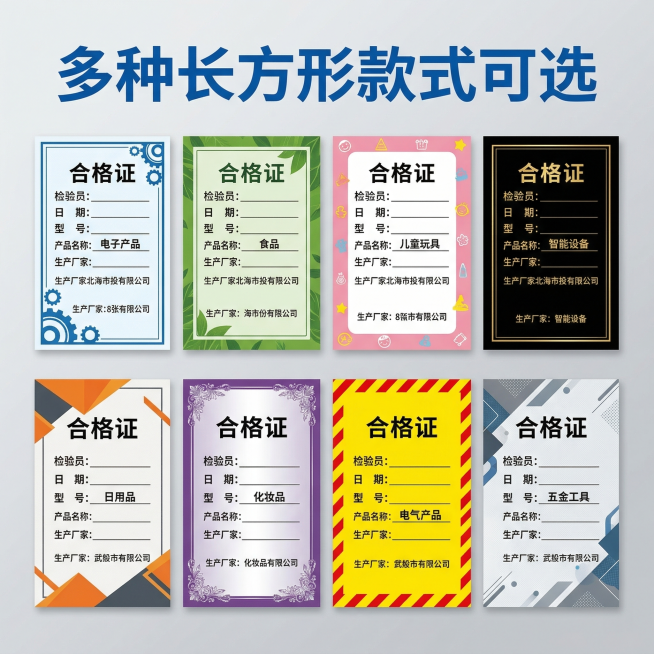 参考图格局生成长方形合格证款式合集主图，采用两排四列的网格排版，展示8款不同配色和边框设计的长方形合格证模板，全部为未裁切的成品样式，不重复参考图里的款式，背景浅灰色渐变，光线均匀柔和，每个模板清晰完预览效果