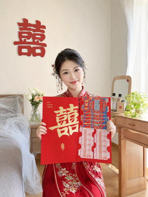 画面中心为身着红色简约新中式秀禾服的新娘，端正坐在闺房的原木色梳妆凳上，上半身挺直，轻微向右侧倾斜10°，姿态端庄且松弛，无刻意僵硬感；双手以对称姿势稳稳托住红包左右两侧，将红包完全展开举在胸前；手臂预览效果